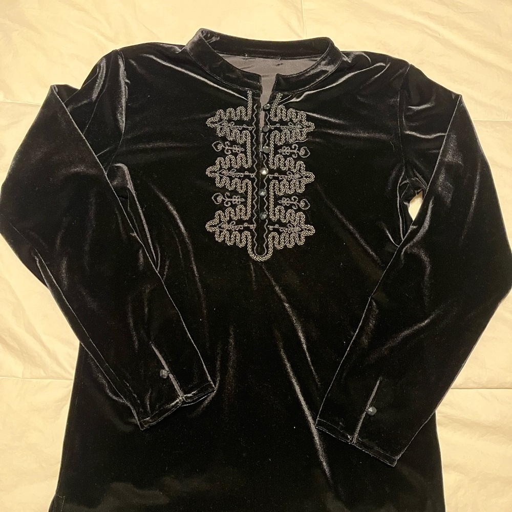Whimsigoth Women’s Small Black Velvet Long Sleeve Romantic High Neck Tunic Top